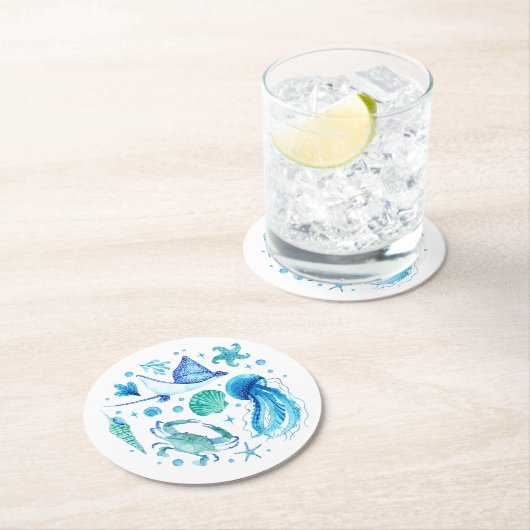 Aquarell Unterhalb der Meeresblau-Qualle, Muschel Runder Pappuntersetzer (Vor Ort)
