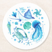 Aquarell Unterhalb der Meeresblau-Qualle, Muschel  Runder Pappuntersetzer (Vorderseite)