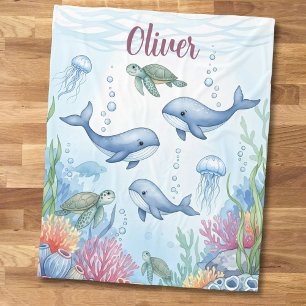Aquarell UnterwasserweltWal, Schildkröte & Koralle Fleecedecke