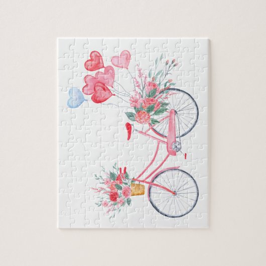 Aquarell-Valentinsgruß Rosa-Fahrrad und Puzzle (Vertikal)