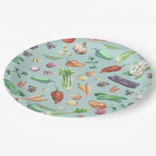 Aquarell-Veggies-u. Gewürz-Muster Pappteller (Schrägansicht)