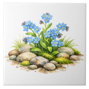 Aquarell-Vergissmeinnicht-Blumen an den Felsen Fliese