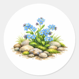 Aquarell-Vergissmeinnicht-Blumen an den Felsen Runder Aufkleber