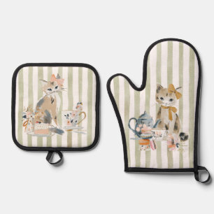 Aquarell-verspielte Katze Ofenhandschuh & Topflappen-Set