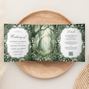 Aquarell Verzauberter Wald QR-Code Foto Hochzeit Dreifach Gefaltete Einladung
