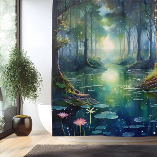 Aquarell Verzauberter Waldsee Duschvorhang