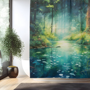 Aquarell Verzauberter Waldsee Duschvorhang