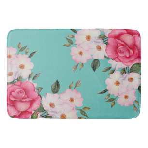 Aquarell Vibrannende Rosen Weiße Rosen Türkis Zurü Badematte