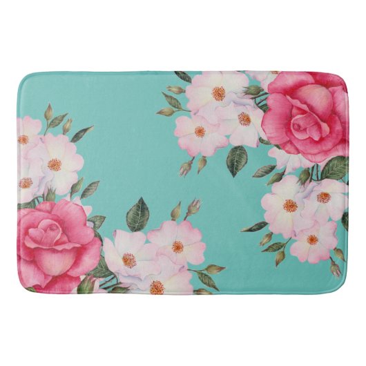 Aquarell Vibrannende Rosen Weiße Rosen Türkis Zurü Badematte (Vorderseite)