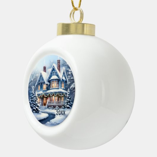 Aquarell Viktorianisches Winterhaus Jahr Keramik Kugel-Ornament (Rechts)