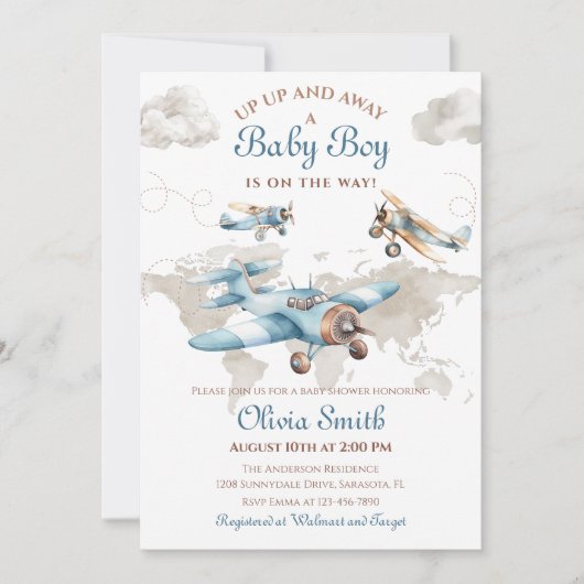Aquarell Vintag Airplane Reiseboy Babydusche Einladung (Vorderseite)