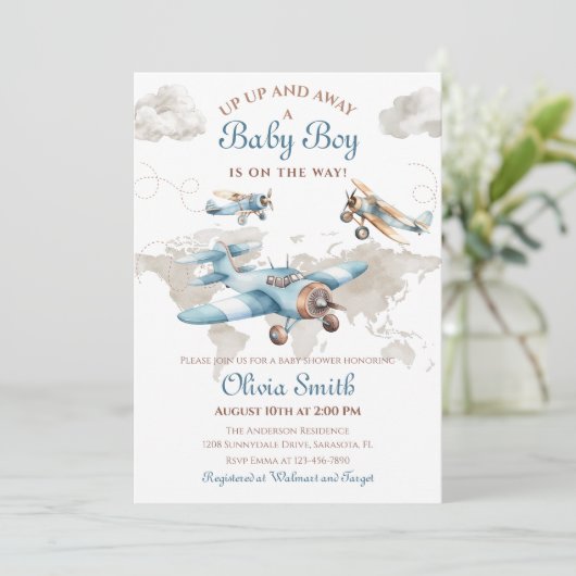 Aquarell Vintag Airplane Reiseboy Babydusche Einladung (Stehend Vorderseite)
