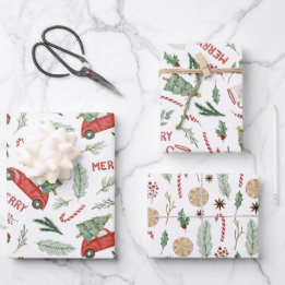 Aquarell Vintag Red Car Weihnachtsbäume Geschenkpapier Set