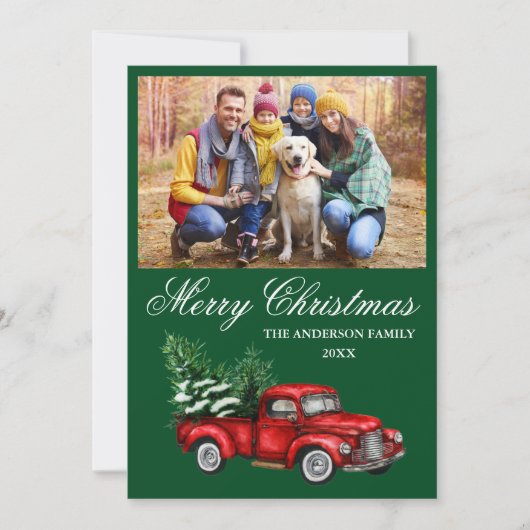 Aquarell Vintag Red Truck Foto Weihnachten Grün (Vorderseite)