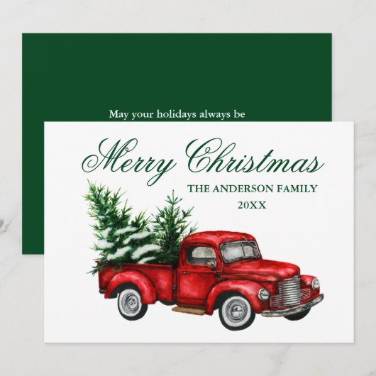 Aquarell Vintag Red Truck Grün Frohe Weihnachten (Vorne/Hinten)