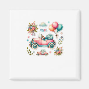 Aquarell-Vintage-Auto mit Luftballons und Blumen S Magnet