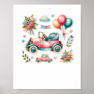 Aquarell-Vintage-Auto mit Luftballons und Blumen S Poster