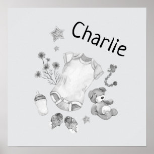 Aquarell Vintage-Baby-Schwarz-Weiß-Kinderzimmer Poster