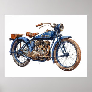 Aquarell Vintage Blaues Motorrad  Poster