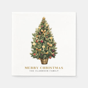 Aquarell Vintage-Christbaum Gold Weihnachten Serviette