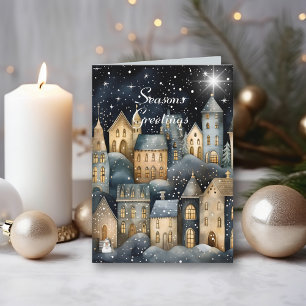 Aquarell Vintage Dorf Stern Nacht Weihnachten Karte