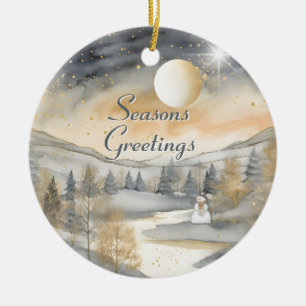 Aquarell-Vintage-Dorf-Stern-Nacht-Weihnachten Keramik Ornament