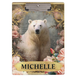 Aquarell-Vintage-Eisbär und rosa Rosen Klemmbrett