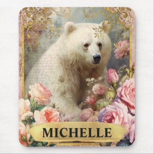 Aquarell-Vintage-Eisbär und rosa Rosen Mousepad
