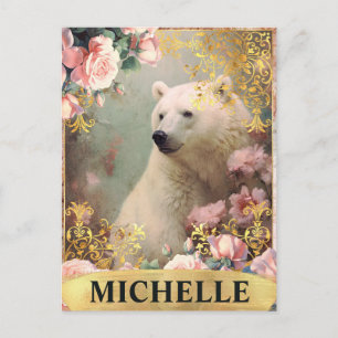 Aquarell Vintage Eisbär und rosa Rosen Postkarte