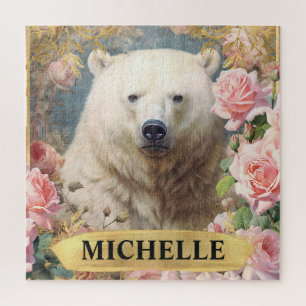 Aquarell-Vintage-Eisbär und rosa Rosen Puzzle