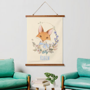 Aquarell Vintage Fuchs Personalisiert Wandteppich Mit Holzrahmen