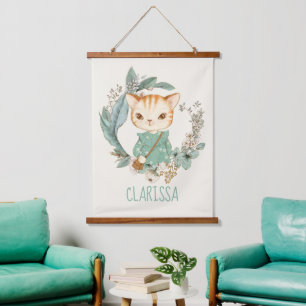 Aquarell Vintage Kitty Personalisiert Wandteppich Mit Holzrahmen