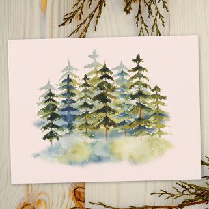 Aquarell Vintage Nebeliger Grüner Kiefernwald Postkarte