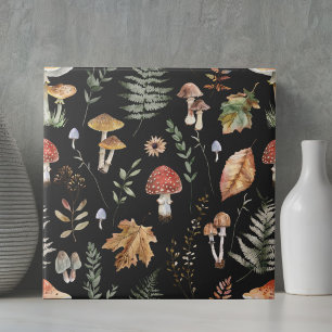 Aquarell-Vintage-Pilz-Farn-Botanisches Muster Fliese