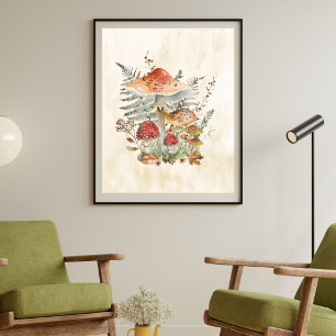 Aquarell-Vintage-Pilze und Farnblätter Poster