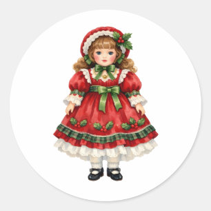 Aquarell-Vintage-Puppe im Weihnachtskleid Runder Aufkleber
