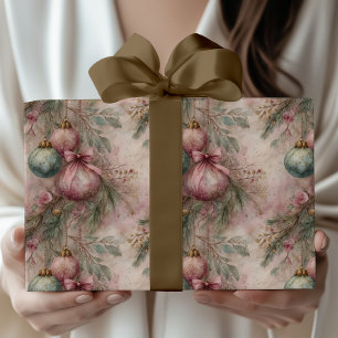 Aquarell Vintage Rosa & Grün Weihnachtsbaumkugel  Geschenkpapier