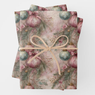 Aquarell Vintage Rosa & Grün Weihnachtskugel  Geschenkpapier Set
