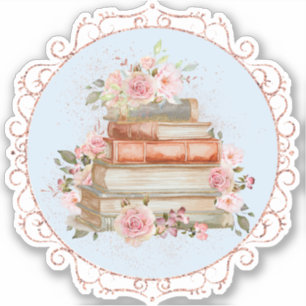Aquarell-Vintage-Rosa-Rosen-und-Bücher-Blumenmuste Aufkleber