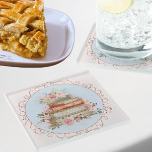 Aquarell-Vintage-Rosa-Rosen-und-Bücher-Blumenmuste Glasuntersetzer