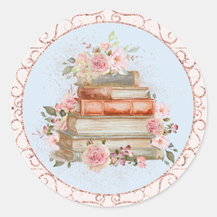Aquarell-Vintage-Rosa-Rosen-und-Bücher-Blumenmuste Runder Aufkleber
