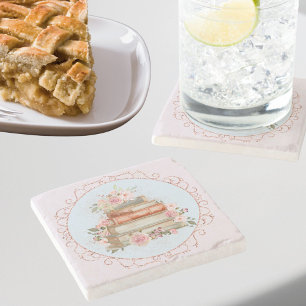 Aquarell-Vintage-Rosa-Rosen und -Bücher Floral  Steinuntersetzer