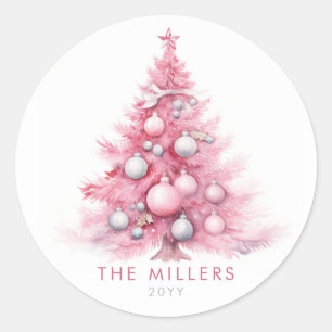 Aquarell Vintage Rosa Weihnachtsbaum Modern Runder Aufkleber