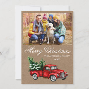 Aquarell-Vintage-roter-LKW-Foto-Kraft-Weihnachten Feiertagskarte