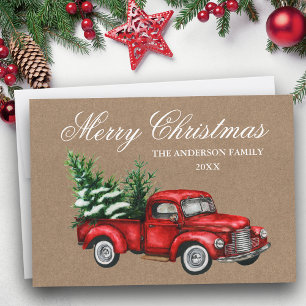 Aquarell Vintage-Roter LKW Frohe Weihnachten Kraft