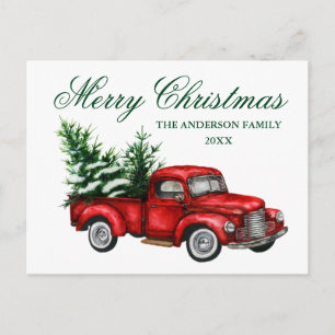 Aquarell Vintage roter LKW Frohe Weihnachten Postkarte