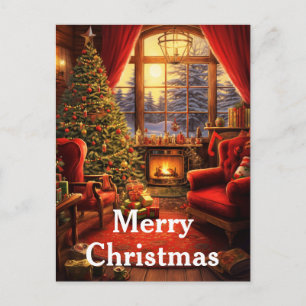 Aquarell-Vintage-Weihnachtsinnenraums Szene Feiertagspostkarte