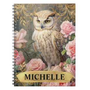 Aquarell Vintage Weiße Eule und rosa Rosen Notizblock