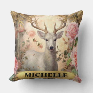Aquarell Vintage Weiße Hirsch und Rosa Rosen Kissen