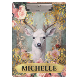 Aquarell Vintage Weiße Hirsch und rosa Rosen Klemmbrett